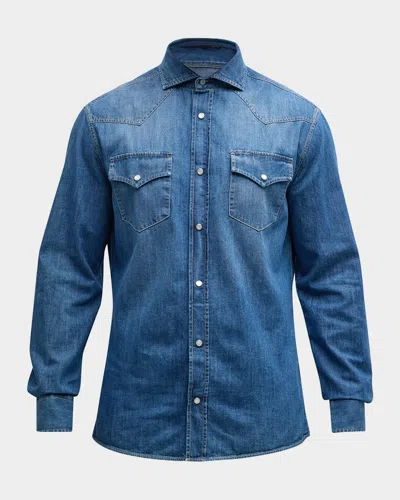 Brunello Cucinelli Men's Denim Western Shirt In Medium Wash Denim