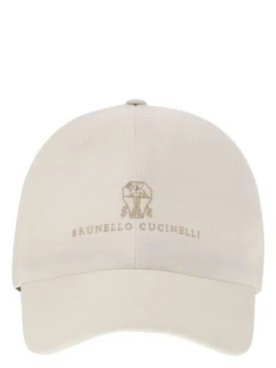 BRUNELLO CUCINELLI MEN'S DIAGONAL LINEN, WOOL AND SILK BASEBALL CAP WITH EMBROIDERED LOGO