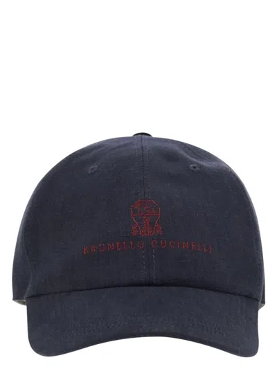 Brunello Cucinelli Men's Diagonal Linen, Wool And Silk Baseball Cap With Embroidered Logo In Navy
