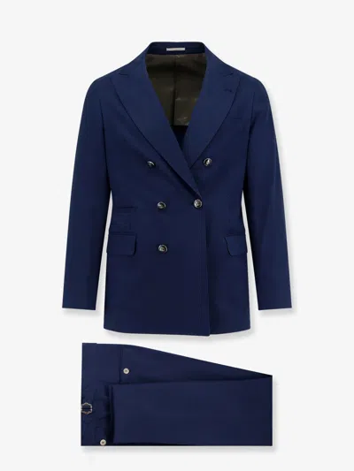 Brunello Cucinelli Men Double-breasted Cotton And Cashmere Suit In Blue