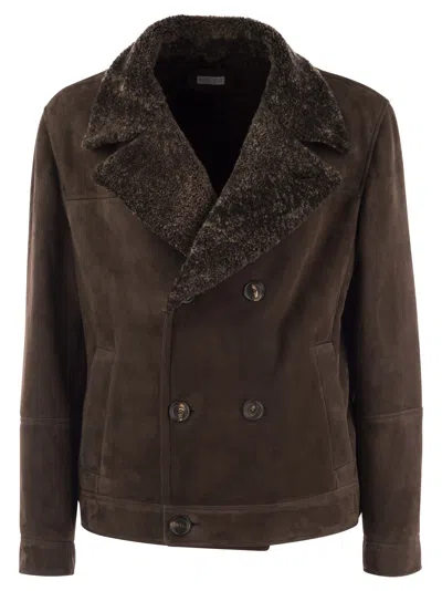 Brunello Cucinelli Men Double-breasted Shearling Outerwear In Brown