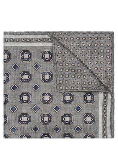 Brunello Cucinelli Men's Double Face Silk Pocket Square With Geometric Pattern In Grey