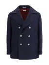 Brunello Cucinelli Navy Blue Double Flannel Caban Blazer In Black