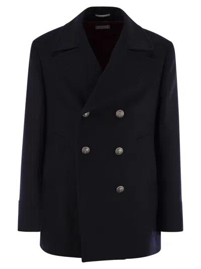 Brunello Cucinelli Men Double Wool Flannel Pea Coat With Metal Buttons In Gray