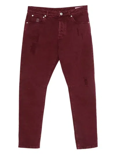 Brunello Cucinelli Men Dyed Denim Pants In Burgundy