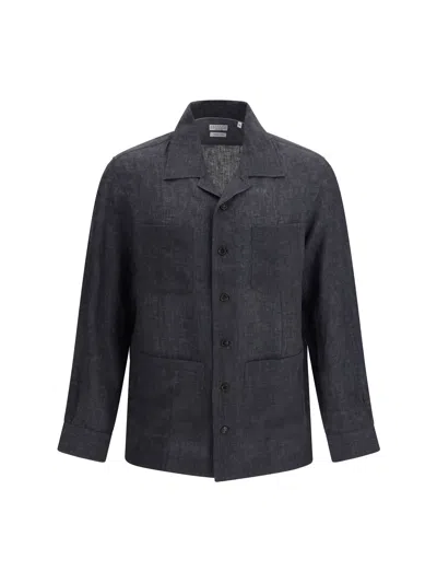 Brunello Cucinelli Men Easy Fit Linen Shirt In Gray