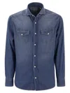 Brunello Cucinelli Men Easy Fit Shirt In Light Denim With Press Studs In Multicolor