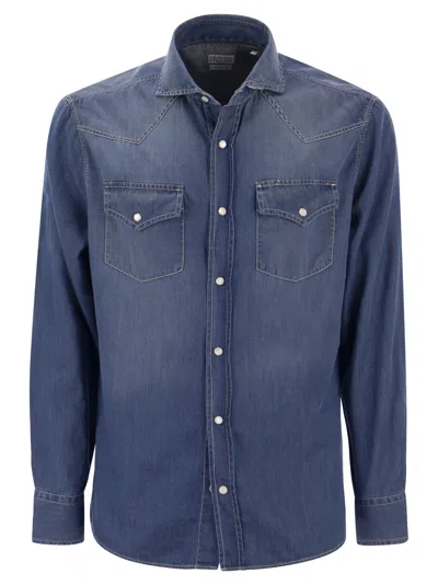 Brunello Cucinelli Men Easy Fit Shirt In Light Denim With Press Studs In Multicolor