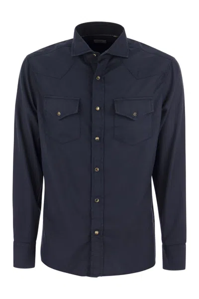 BRUNELLO CUCINELLI MEN'S EASY FIT WESTERN-INSPIRED SHIRT IN GARMENT-DYED BLUE TWILL