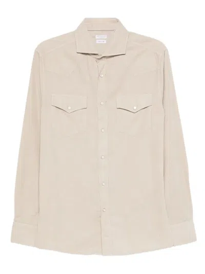 Brunello Cucinelli Men Easy Fit Western Shirt In Corduroy In Nude