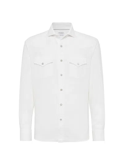 Brunello Cucinelli Men's Easy Fit Western Shirt In Narrow Wale Corduroy In Snow