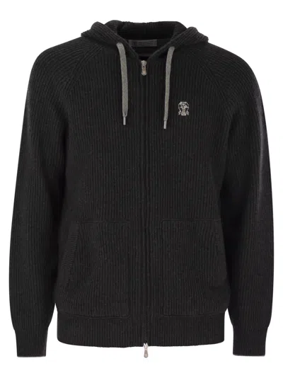 BRUNELLO CUCINELLI BRUNELLO CUCINELLI MEN ENGLISH RIB CASHMERE KNIT HOODED TOPWEAR