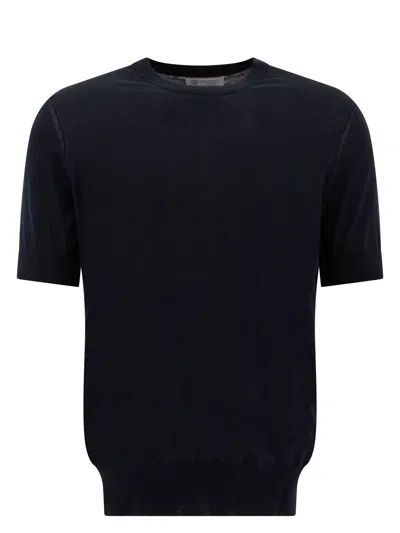 BRUNELLO CUCINELLI MEN'S FINE KNIT T-SHIRT WITH SILVER WEFT