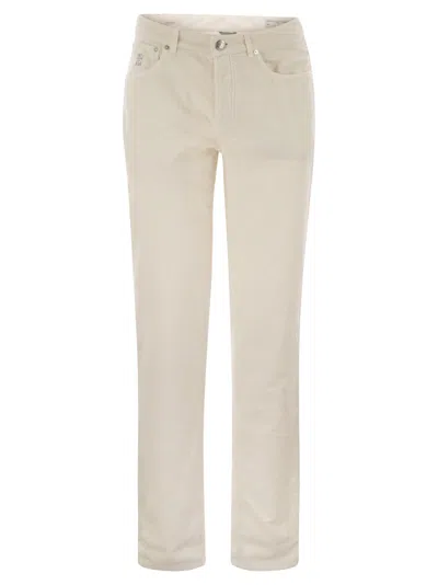 Brunello Cucinelli Men Five-pocket Italian Fit Trousers In Garment Dyed Cotton Corduroy In White