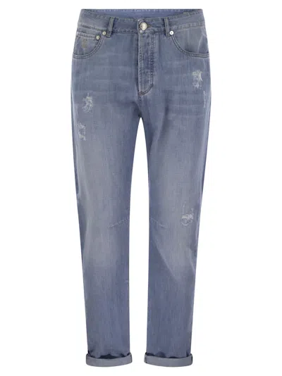 BRUNELLO CUCINELLI BRUNELLO CUCINELLI MEN FIVE-POCKET LEISURE FIT TROUSERS IN LIGHTWEIGHT OLD DENIM WITH RIPS