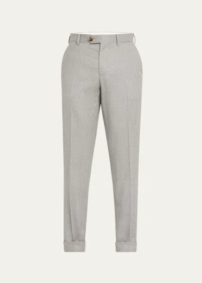 Brunello Cucinelli Men's Flannel Flat-front Pants In Pearl Grey
