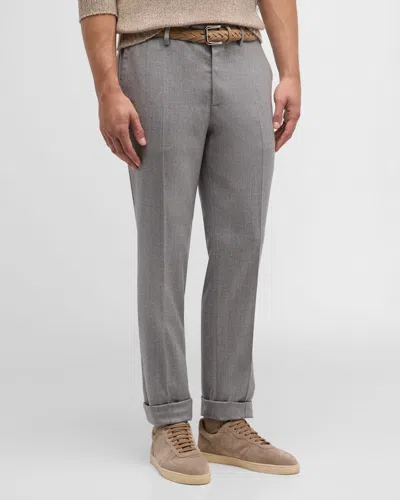 Brunello Cucinelli Men's Flannel Flat-front Pants In Pearl Grey