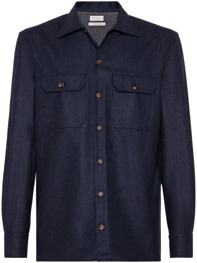 Brunello Cucinelli Men Flannel Overshirt With Chest Pockets In Blue