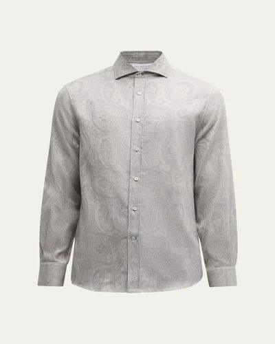 Brunello Cucinelli Men's Flannel Tonal Paisley Sport Shirt In Pearl Grey