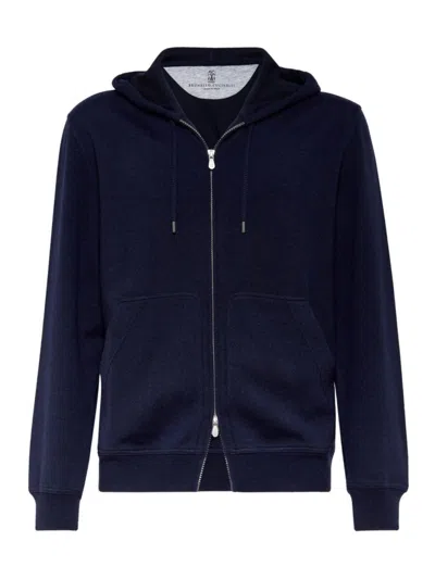 Brunello Cucinelli Men's French Terry Double Cloth Hooded Sweatshirt In Blue