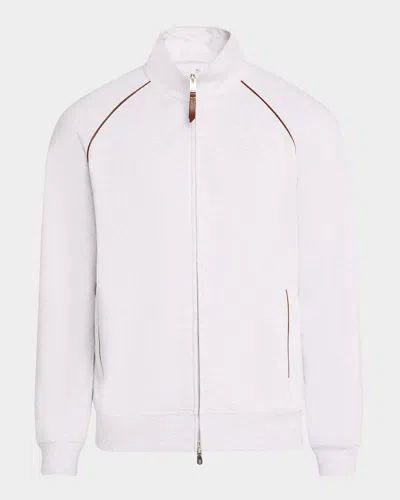 Brunello Cucinelli Men's Full-zip Hoodie With Leather Trim In Pearl Grey