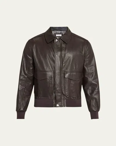 Brunello Cucinelli Men's Full-zip Leather Jacket With Brunello Pockets In Brown