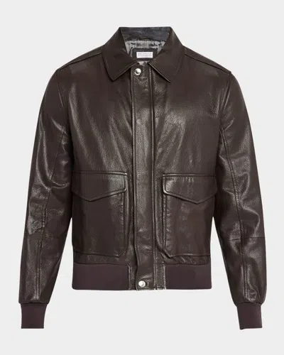 Brunello Cucinelli Men's Full-zip Leather Jacket With Brunello Pockets In Brown