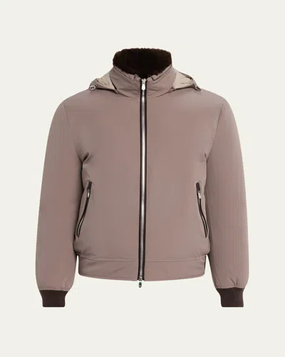 Brunello Cucinelli Men's Full-zip Nylon And Shearling Jacket With Detachable Hood In Gray