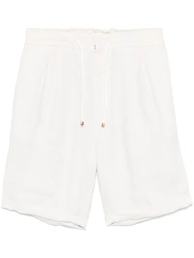Brunello Cucinelli Men Garment-dyed Bermuda Shorts In Linen Gabardine With Drawstring And Pleat In White