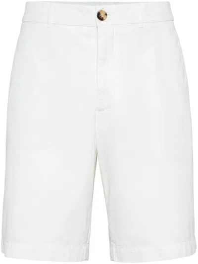 Brunello Cucinelli Men Garment-dyed Bermuda Shorts In Twisted Cotton Gabardine In White