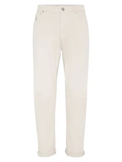 Brunello Cucinelli Garment-dyed Traditional Fit Five-pocket Trousers In Slubbed Cotton Denim In White