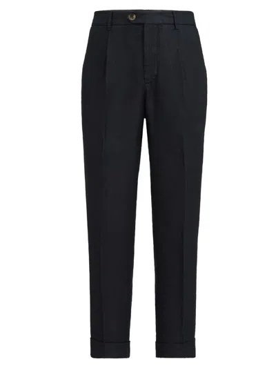 Brunello Cucinelli Garment-dyed Trousers In Linen Gabardine With Pleat In Blue