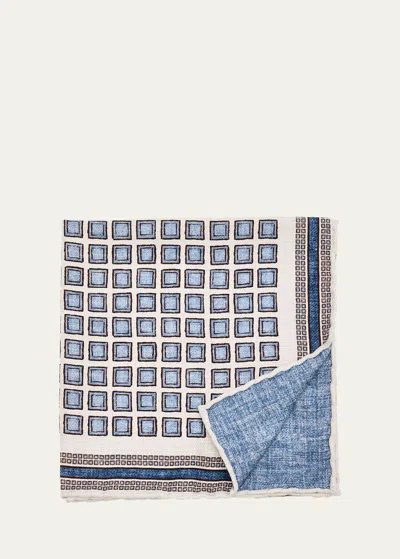 Brunello Cucinelli Men's Geometric Design Silk Pocket Square In Panama Blue