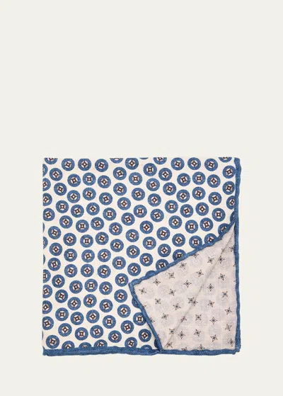 Brunello Cucinelli Men's Geometric Design Silk Pocket Square In White/blue