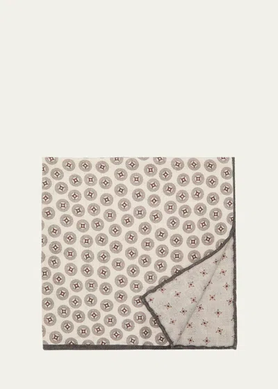 Brunello Cucinelli Men's Geometric Design Silk Pocket Square In White/grey
