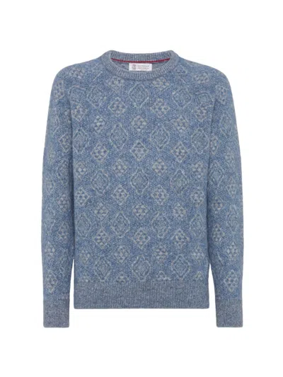 Brunello Cucinelli Men's Geometric Jacquard Sweater In Alpaca, Cotton And Wool In Azure