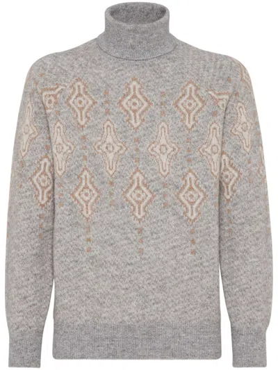 Brunello Cucinelli Luxurious Wool-cotton Blend Jumper With Elegant Pattern And High Neck Design In Grey