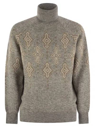 BRUNELLO CUCINELLI BRUNELLO CUCINELLI MEN GEOMETRIC JACQUARD TURTLENECK SWEATER IN ALPACA, COTTON AND WOOL