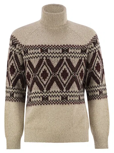 BRUNELLO CUCINELLI BRUNELLO CUCINELLI MEN GEOMETRIC JACQUARD TURTLENECK SWEATER IN WOOL, SILK AND CASHMERE