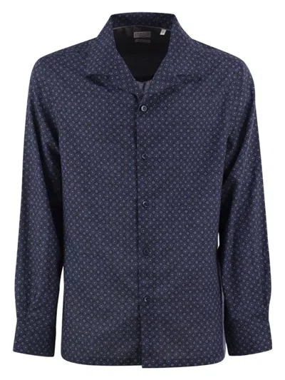 Brunello Cucinelli Men's Geometric Print Easy Fit Twill Shirt With Camp Collar