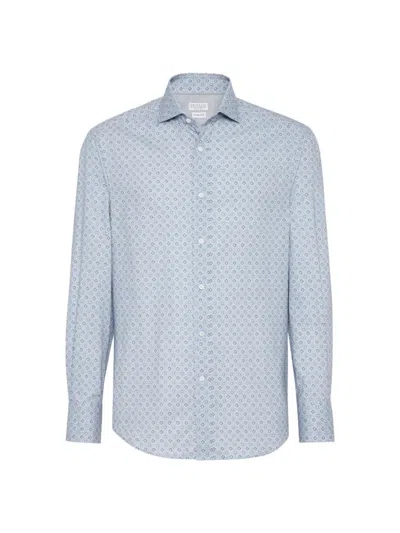 Brunello Cucinelli Men's Geometric Print Slim Fit Shirt With Spread Collar In Azure