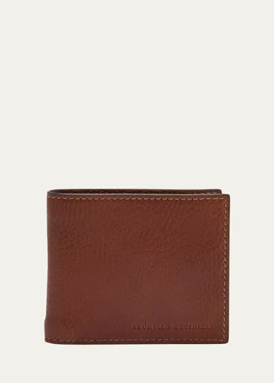 Brunello Cucinelli Men's Grained Calfskin Bifold Wallet In C6608 Brown