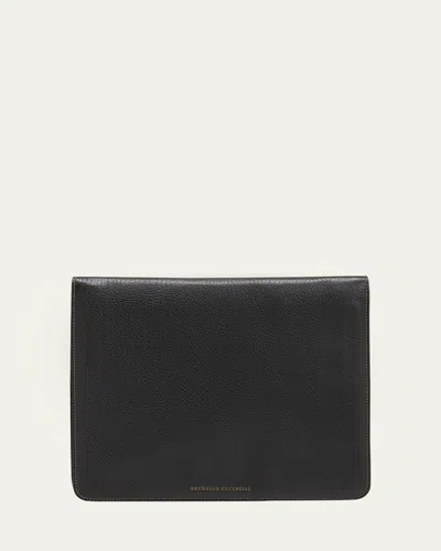 Brunello Cucinelli Men's Grained Calfskin Document Holder In Black