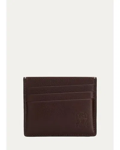 Brunello Cucinelli Men's Grained Leather Card Holder In Dark Brown