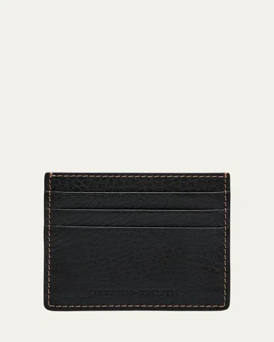 BRUNELLO CUCINELLI MEN'S GRAINED LEATHER MINI CARD HOLDER