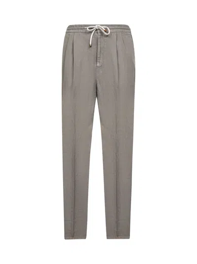 Brunello Cucinelli Men Green Linen Leisure Fit Trousers In Gray
