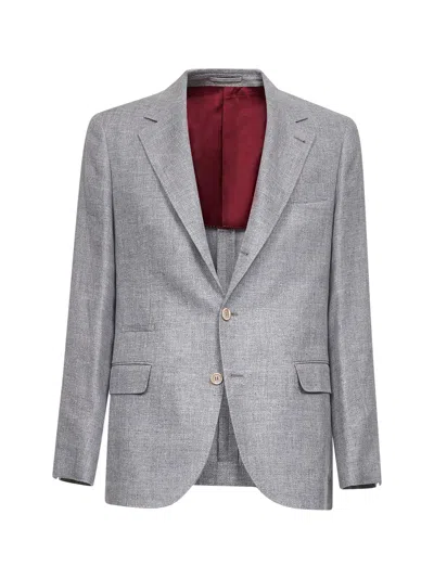 Brunello Cucinelli Men Grey Linen Blend Diagonal Twill Deconstructed Blazer In Gray