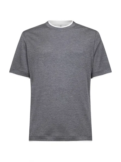 BRUNELLO CUCINELLI BRUNELLO CUCINELLI MEN GREY SILK BLEND JERSEY FAUX-LAYERING T-SHIRT