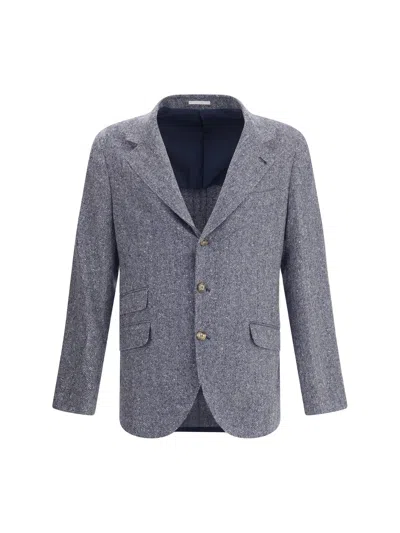 Brunello Cucinelli Men Herringbone Blazer In Blue