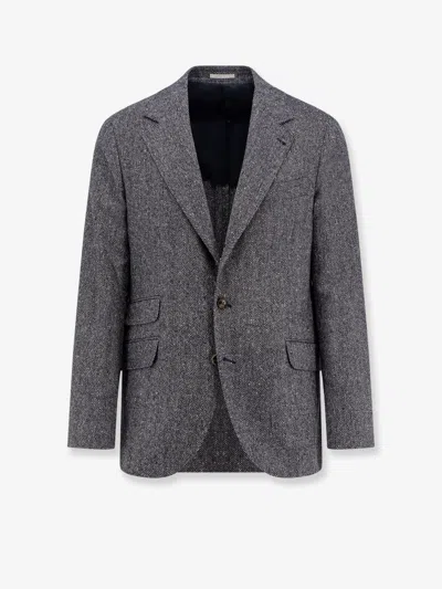 Brunello Cucinelli Men Herringbone Wool And Cashmere Blazer In Blue